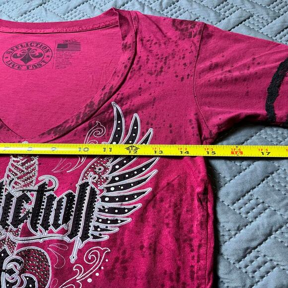 Affliction T-Shirt Y2K Small Crimson Embellish Rhinestone Wings Fleur de Lis Emo - Picture 5 of 9